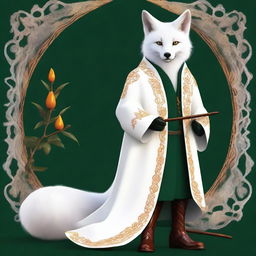 This is a realistic, high-quality digital art image of a wise, fantasy white fox with amber eyes