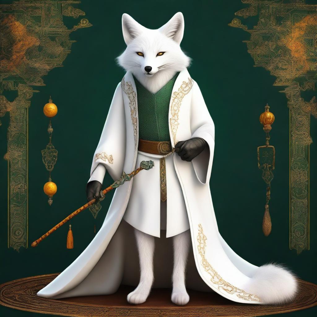 This is a detailed digital art image of a wise, fantasy white fox with amber eyes