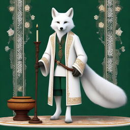 This is a detailed digital art image of a wise, fantasy white fox with amber eyes