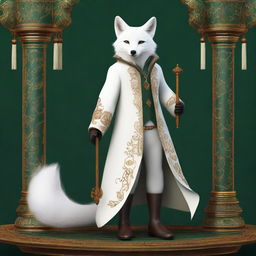 This is a detailed digital art image of a wise, fantasy white fox with amber eyes