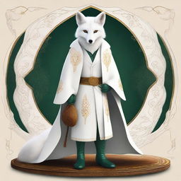 This is a detailed digital art image of a wise, fantasy white fox with amber eyes