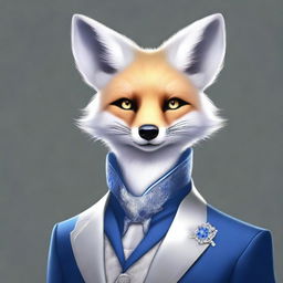 This is a digital art of a charismatic silver-furred fox with sparkling hazel eyes, exuding wit and charm