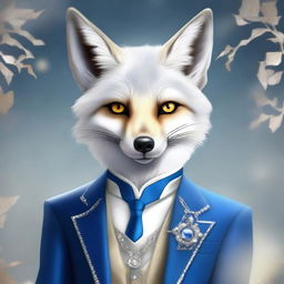 This is a digital art of a charismatic silver-furred fox with sparkling hazel eyes, exuding wit and charm