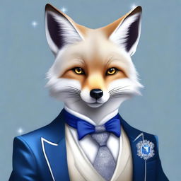 This is a digital art of a charismatic silver-furred fox with sparkling hazel eyes, exuding wit and charm