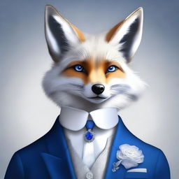 This is a digital art of a charismatic silver-furred fox with sparkling hazel eyes, exuding wit and charm