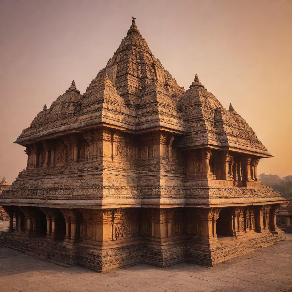 An ancient, grand and beautifully ornate Ram Temple in Ayodhya, illuminated under a golden sunset