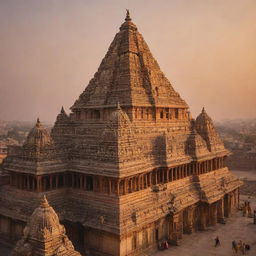 An ancient, grand and beautifully ornate Ram Temple in Ayodhya, illuminated under a golden sunset