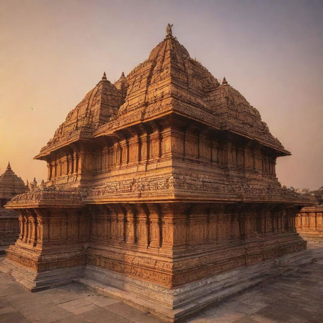 An ancient, grand and beautifully ornate Ram Temple in Ayodhya, illuminated under a golden sunset