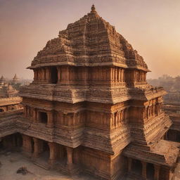 An ancient, grand and beautifully ornate Ram Temple in Ayodhya, illuminated under a golden sunset