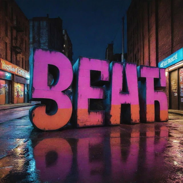 Gritty, neon bathed cityscape at night. Bold, popping graffiti-style text featuring a beat's title. Vibrant imagery capturing the raw energy of a powerful urban drill beat for a striking thumbnail.