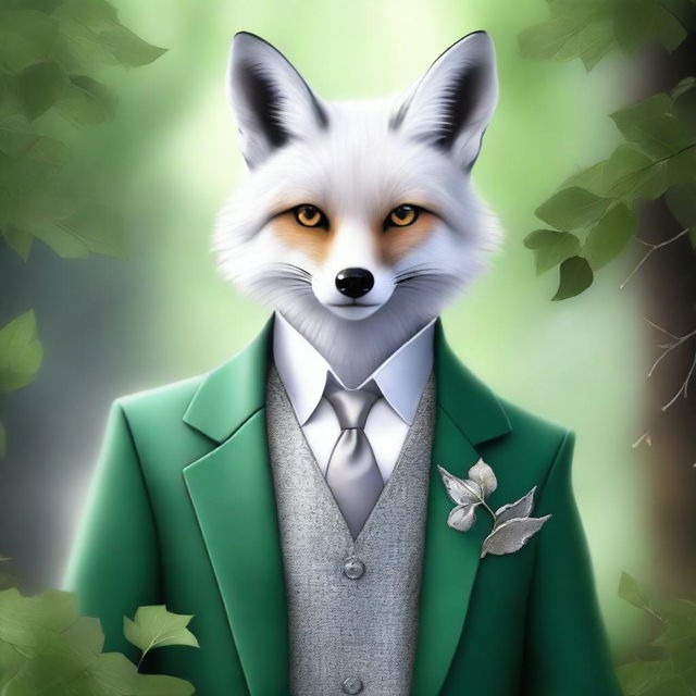 This digital art portrays an enchanted silver-furred fox with sparkling hazel eyes, exuding charm and intelligence