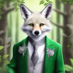 This digital art portrays an enchanted silver-furred fox with sparkling hazel eyes, exuding charm and intelligence