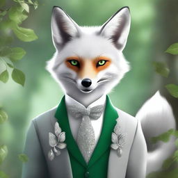 This digital art portrays an enchanted silver-furred fox with sparkling hazel eyes, exuding charm and intelligence