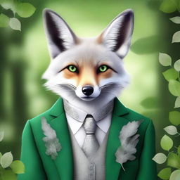 This digital art portrays an enchanted silver-furred fox with sparkling hazel eyes, exuding charm and intelligence