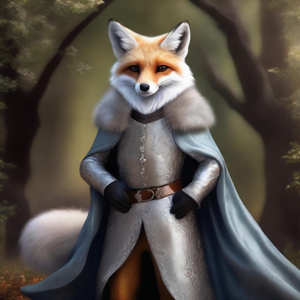 A high-quality digital art piece portrays a silver-furred enchanted fox with sparkling hazel eyes, radiating charm and intelligence