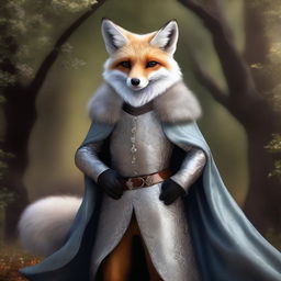 A high-quality digital art piece portrays a silver-furred enchanted fox with sparkling hazel eyes, radiating charm and intelligence