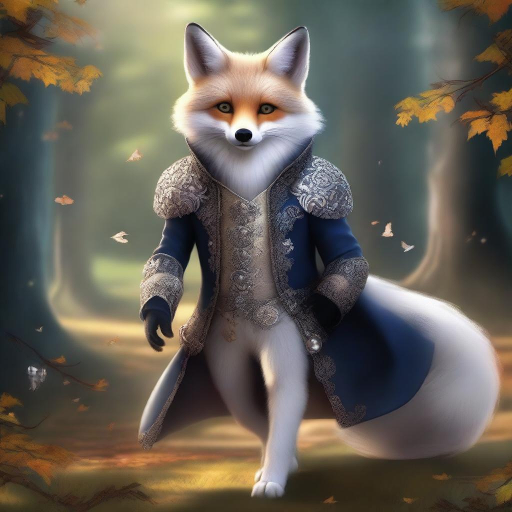 A high-quality digital art piece portrays a silver-furred enchanted fox with sparkling hazel eyes, radiating charm and intelligence