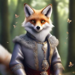 A high-quality digital art piece portrays a silver-furred enchanted fox with sparkling hazel eyes, radiating charm and intelligence