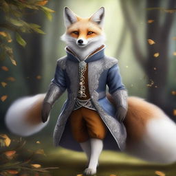 A high-quality digital art piece portrays a silver-furred enchanted fox with sparkling hazel eyes, radiating charm and intelligence