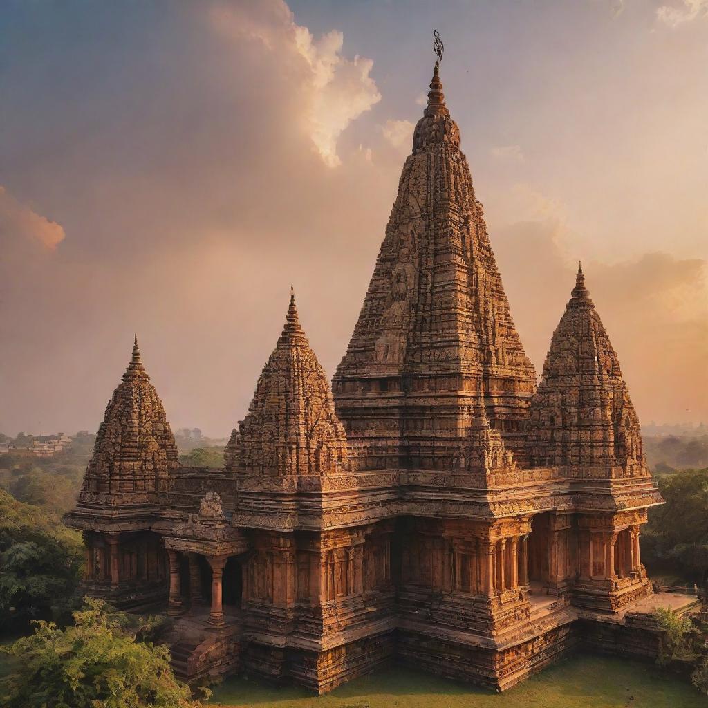 A majestic Ayodhya temple bathed in golden sunset glow, tall spires reaching into the cloudy sky, adorned with intricate carvings and surrounded by lush greenery.