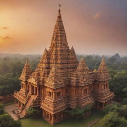 A majestic Ayodhya temple bathed in golden sunset glow, tall spires reaching into the cloudy sky, adorned with intricate carvings and surrounded by lush greenery.