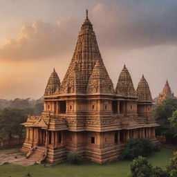 A majestic Ayodhya temple bathed in golden sunset glow, tall spires reaching into the cloudy sky, adorned with intricate carvings and surrounded by lush greenery.