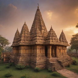 A majestic Ayodhya temple bathed in golden sunset glow, tall spires reaching into the cloudy sky, adorned with intricate carvings and surrounded by lush greenery.