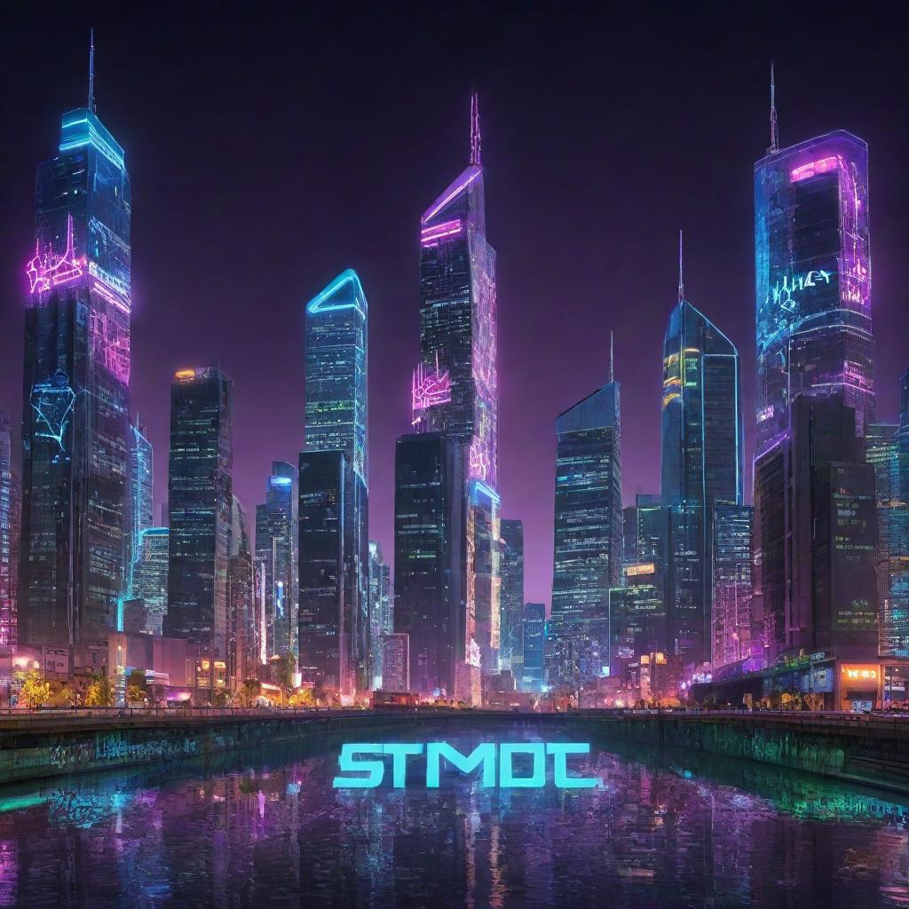 Futuristic urban landscape with neon-lit skyscrapers and floating city fragments in the foreground, seamlessly integrated with graffiti-style text revealing a beat's title.