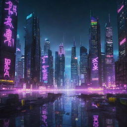 Futuristic urban landscape with neon-lit skyscrapers and floating city fragments in the foreground, seamlessly integrated with graffiti-style text revealing a beat's title.