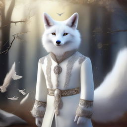 This digital art depicts a white enchanted fox with sparkling hazel eyes, radiating wit and charm