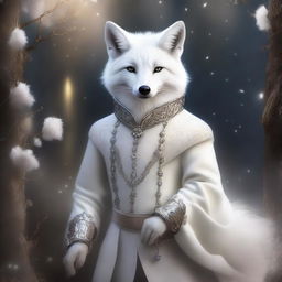 This digital art depicts a white enchanted fox with sparkling hazel eyes, radiating wit and charm