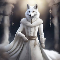 This digital art depicts a white enchanted fox with sparkling hazel eyes, radiating wit and charm