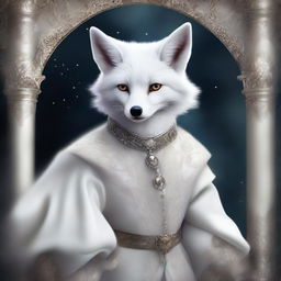 This digital art depicts a white enchanted fox with sparkling hazel eyes, radiating wit and charm