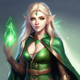 A high-quality digital art image showcasing a female elf wizard with an unusual green skin