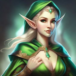 A high-quality digital art image showcasing a female elf wizard with an unusual green skin