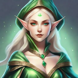 A high-quality digital art image showcasing a female elf wizard with an unusual green skin