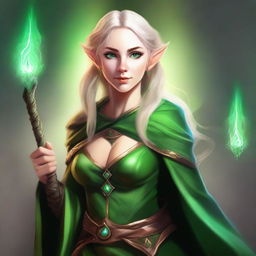 A high-quality digital art image showcasing a female elf wizard with an unusual green skin