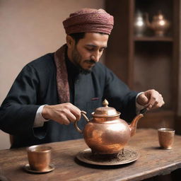 A Muslim tea maker in traditional attire, carefully brewing a hot glass of tea using a vintage copper teapot, with an ambiance of warmth and culture.