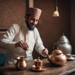 A Muslim tea maker in traditional attire, carefully brewing a hot glass of tea using a vintage copper teapot, with an ambiance of warmth and culture.