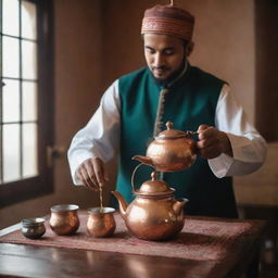 A Muslim tea maker in traditional attire, carefully brewing a hot glass of tea using a vintage copper teapot, with an ambiance of warmth and culture.