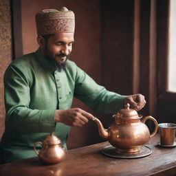 A Muslim tea maker in traditional attire, carefully brewing a hot glass of tea using a vintage copper teapot, with an ambiance of warmth and culture.