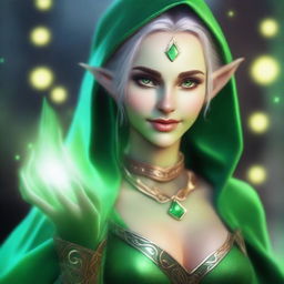 A high-quality digital art image depicting a green-skinned elf female wizard