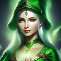 A high-quality digital art image depicting a green-skinned elf female wizard