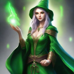 A high-quality digital art image depicting a green-skinned elf female wizard