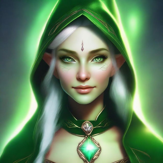 A high-quality digital art image depicting a green-skinned elf female wizard