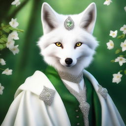 This high-quality digital art showcases a white enchanted fox with hazel eyes that sparkle with wit, cunning, and charm