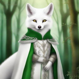 This high-quality digital art showcases a white enchanted fox with hazel eyes that sparkle with wit, cunning, and charm