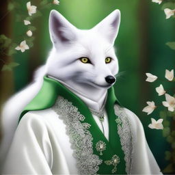 This high-quality digital art showcases a white enchanted fox with hazel eyes that sparkle with wit, cunning, and charm