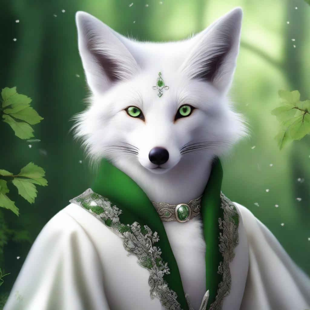 This high-quality digital art showcases a white enchanted fox with hazel eyes that sparkle with wit, cunning, and charm