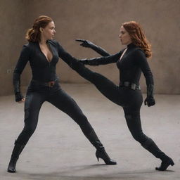 Scarlett Johansson, in her Black Widow attire, going toe-to-toe with Daredevil in a dynamic and intense combat scene, both exhibiting their superhero attributes.